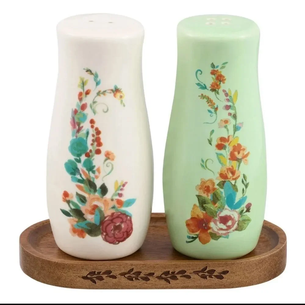 Pioneer Woman Painted Meadow Salt & Pepper Shaker Acacia Wood Base Floral Green - Picture 1 of 6